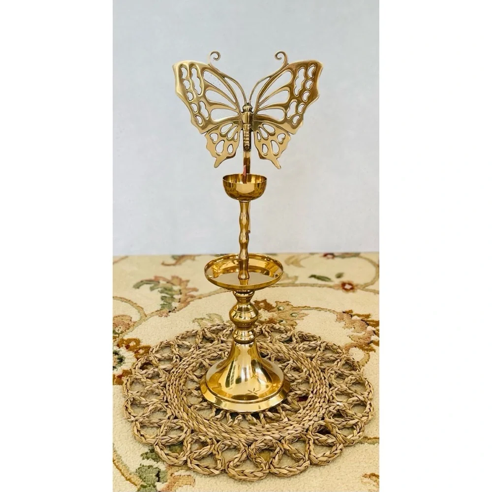 Vintage Tall Brass Butterfly Reflector Candlestick Candle Holder Korea MCM